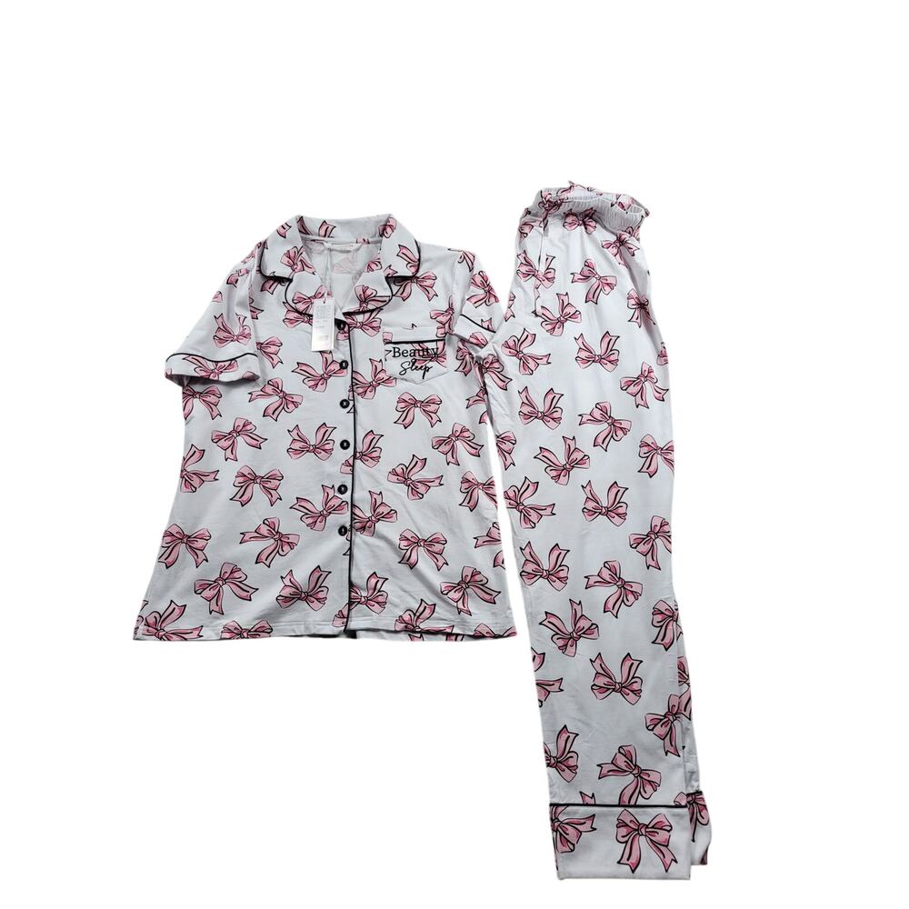 Annabelle Women’s Pajama Set Pink White Bow Print Short Sleeve Button Up 2PC